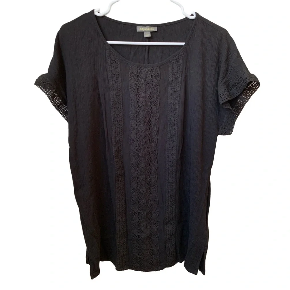 STYLE & CO Women’s Black Gauze Lace Cap Sleeve Rounded Neck Rayon Blouse